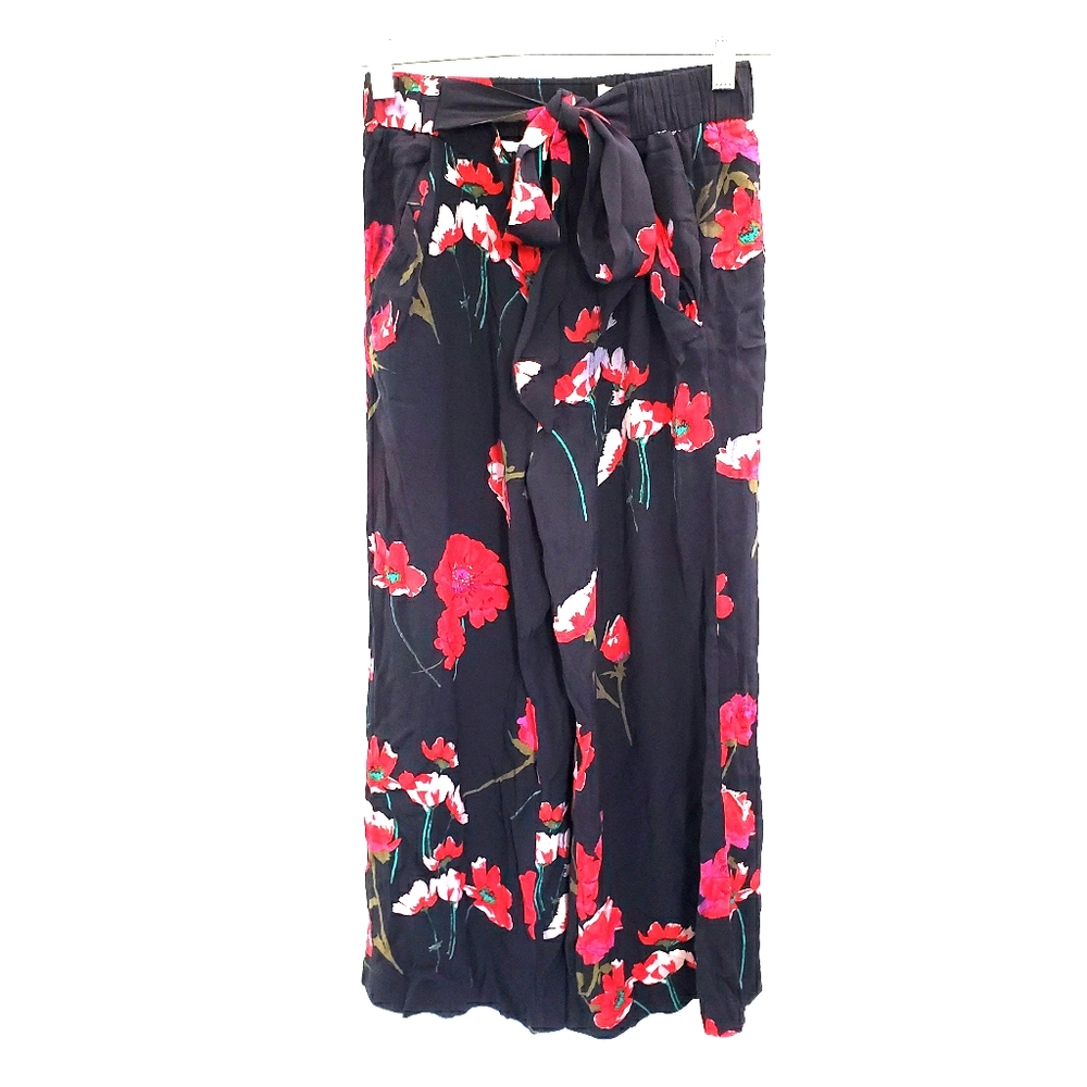 Aritzia Black Wide-Leg Floral Pants with Red & Pink Blooms